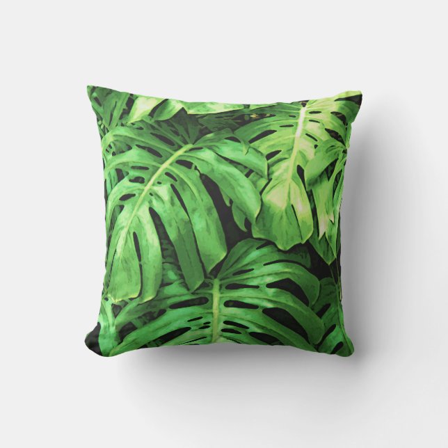 Tropical Leaves, Splitleaf Philodendron, Green Outdoor Pillow (Front)