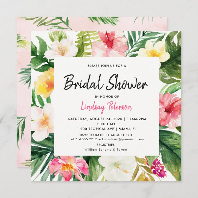 Tropical Leaves Square Bridal Shower Invitation (Front/Back)