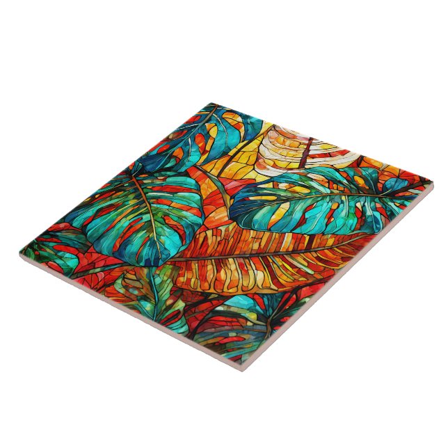 Tropical leaves Stained glass art Tile (Side)