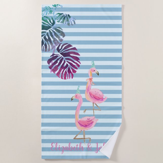 Tropical Leaves,Striped,Pink Flamingos  Beach Towel (Front)