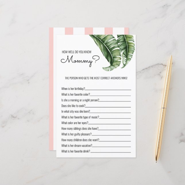 Tropical Leaves/Stripes Baby Shower Game (Front/Back In Situ)