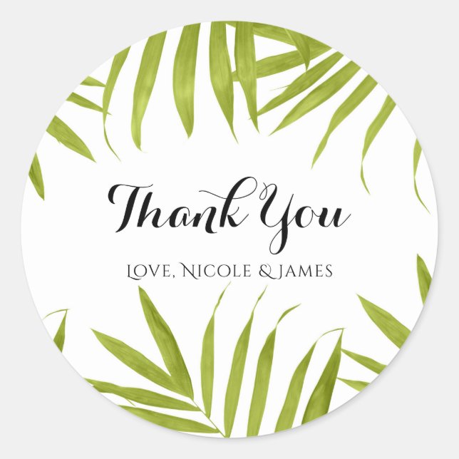 Tropical Leaves Summer Elegant Wedding Favour Classic Round Sticker (Front)