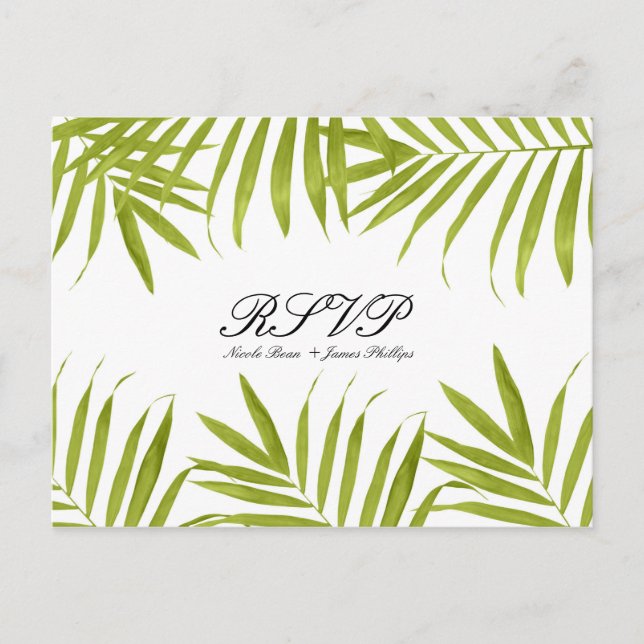 Tropical Leaves Summer Elegant Wedding RSVP Invitation Postcard (Front)