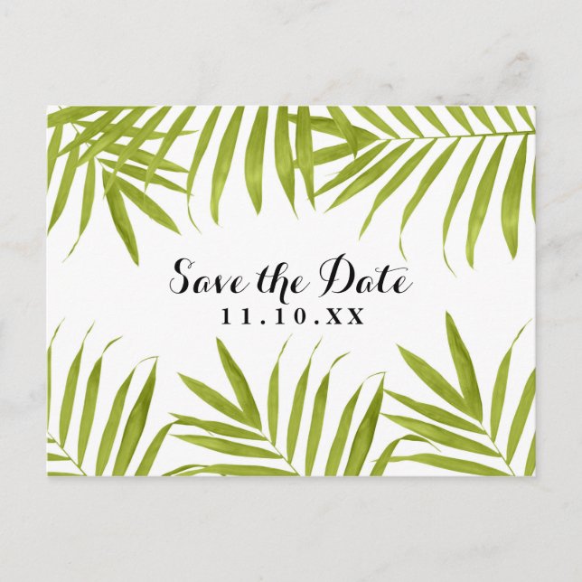 Tropical Leaves Summer Wedding Save the Date Announcement Postcard (Front)