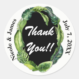 Tropical Leaves Summer Wedding Thank You Custom Classic Round Sticker