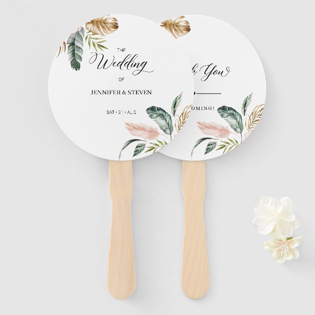 Tropical Leaves Summer Wedding Welcome Hand Fan (Front and Back)