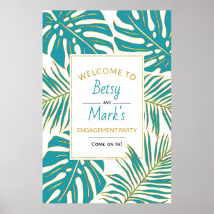 Tropical leaves teal gold wedding welcome sign