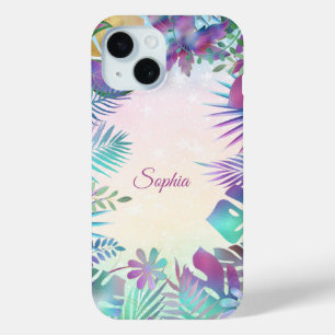 Tropical Leaves, Teal & Green Ombre, Script Name iPhone 15 Case