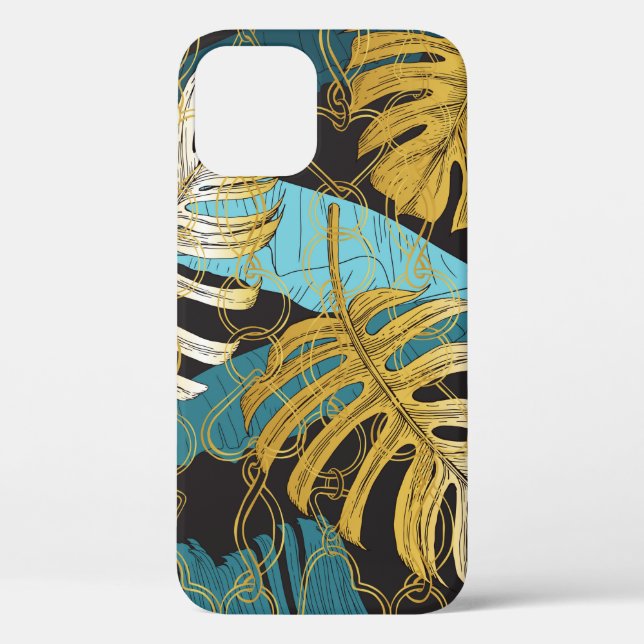 Tropical leaves under a curtain of gold chains. Se Case-Mate iPhone Case (Back)