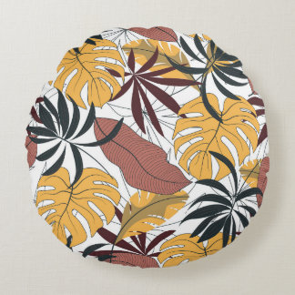 Tropical leaves: vibrant seamless background. round pillow