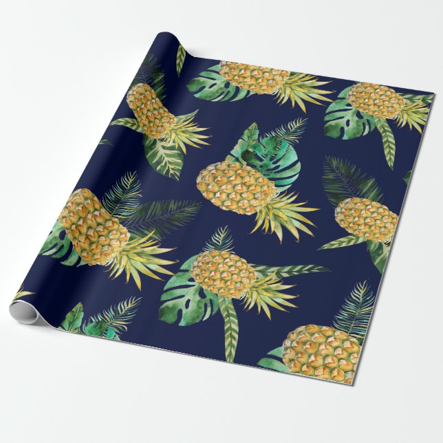 Tropical leaves, watercolor pineapple pattern wrapping paper (Unrolled)