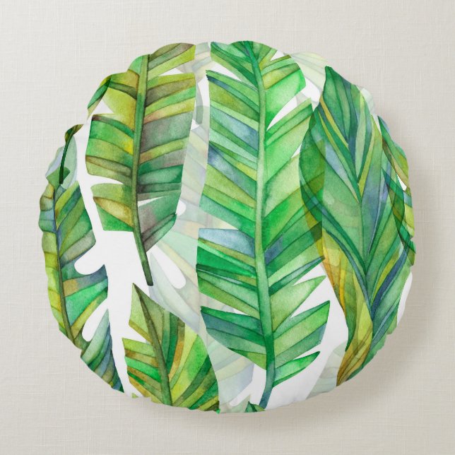 Tropical Leaves: Watercolor Seamless Pattern Round Pillow (Front)