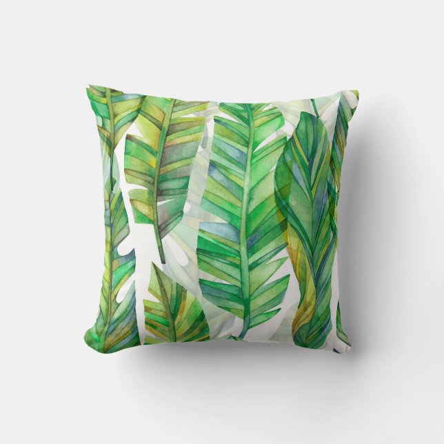 Tropical Leaves: Watercolor Seamless Pattern Throw Pillow (Front)