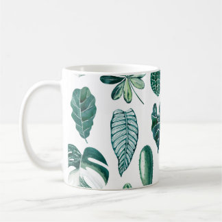 Tropical leaves watercolor seamless pattern with m coffee mug