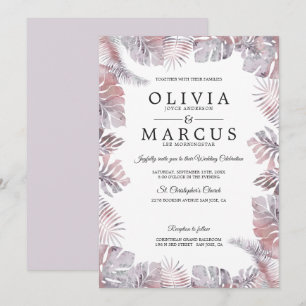 Tropical Leaves Watercolor Wedding Mauve Rose Invitation