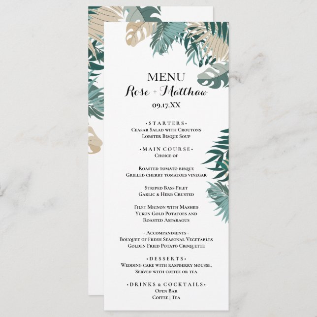 Tropical leaves Wedding Dinner Menu (Front/Back)