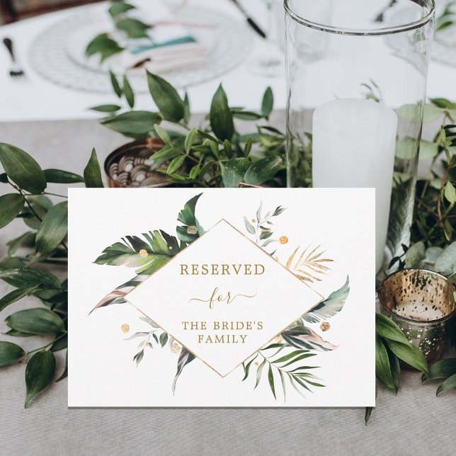 Tropical Leaves Wedding Gold Reserved Table Sign (Creator Uploaded)