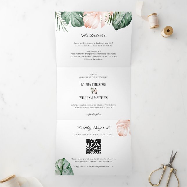 Tropical Leaves Wedding Photo RSVP QR Code Details Tri-Fold Invitation (Inside)