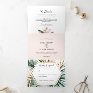 Tropical Leaves Wedding Photo with RSVP Details Tri-Fold Invitation