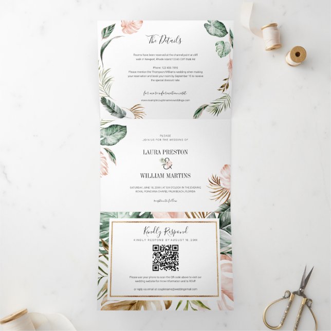 Tropical Leaves Wedding Photo with RSVP QR Code Tri-Fold Invitation (Inside)