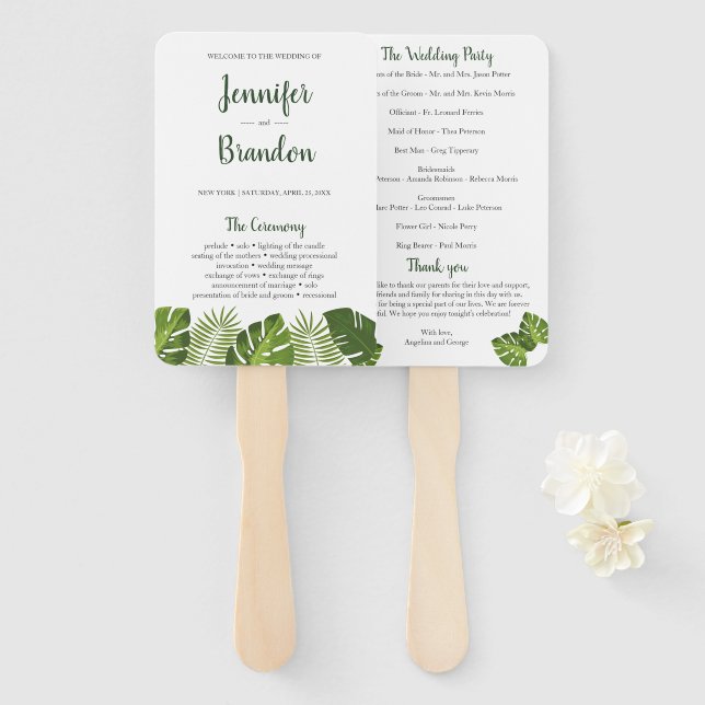 Tropical leaves wedding program fan (Front and Back)