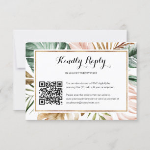 Tropical Leaves Wedding QR Code Photo RSVP Card