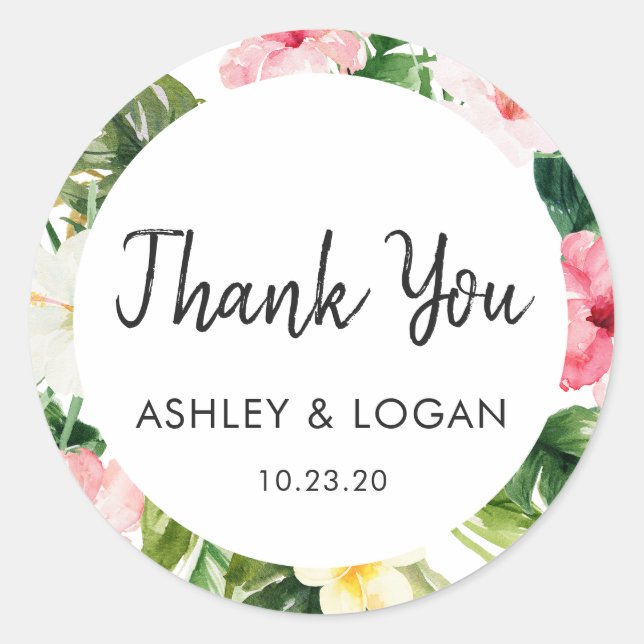 Tropical Leaves Wedding Thank You Favour Sticker (Front)