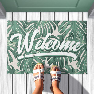 Tropical Leaves Welcome Script Green Doormat