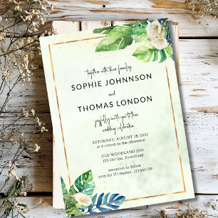 Tropical leaves & white callas watercolor wedding invitation