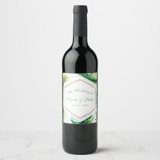 Tropical Leaves White Green Gold Custom Wine Wine Label (Front)