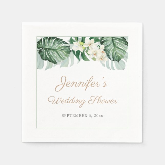 Tropical Leaves White Orchids Wedding Shower Party Napkin (Front)