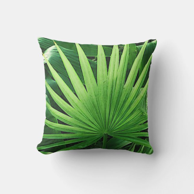 Tropical Leaves, Windmill Palm, Dark Green Outdoor Pillow (Front)