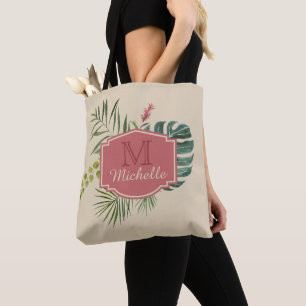 Tropical Leaves with Name and Monogram Tote Bag