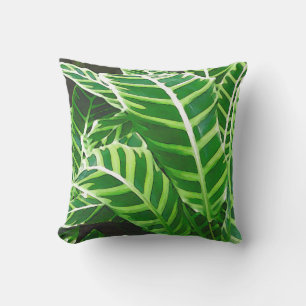 Tropical Leaves, Zebra Plant, Dark Green Throw Pillow
