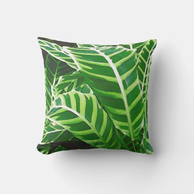 Tropical Leaves, Zebra Plant, Dark Green Throw Pillow (Front)