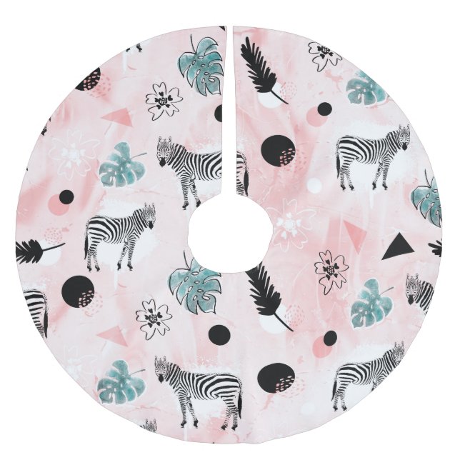 Tropical Leaves Zebras Tie-Dye Pattern Brushed Polyester Tree Skirt (Front)