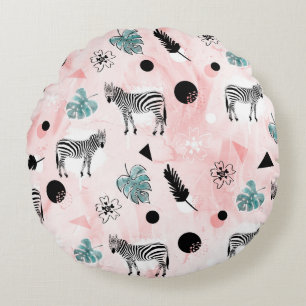 Tropical Leaves Zebras Tie-Dye Pattern Round Pillow
