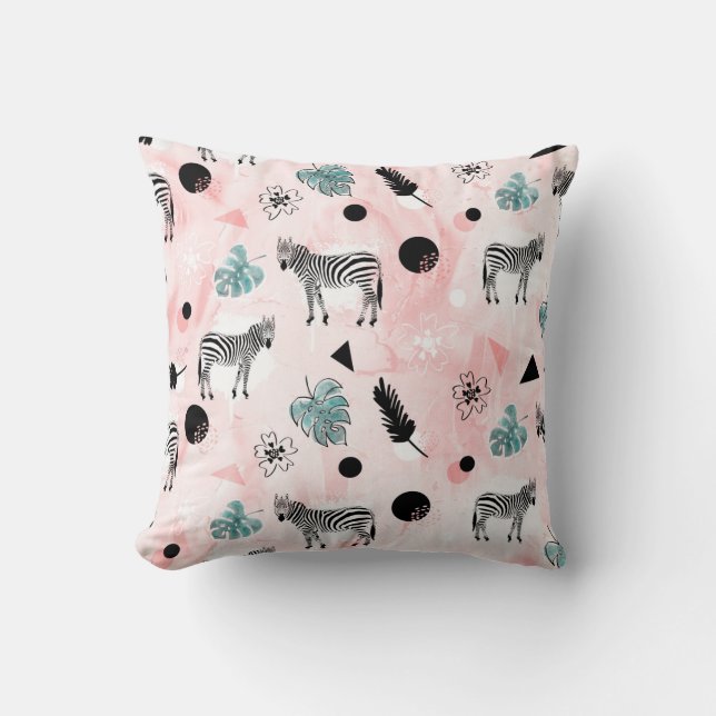 Tropical Leaves Zebras Tie-Dye Pattern Throw Pillow (Front)