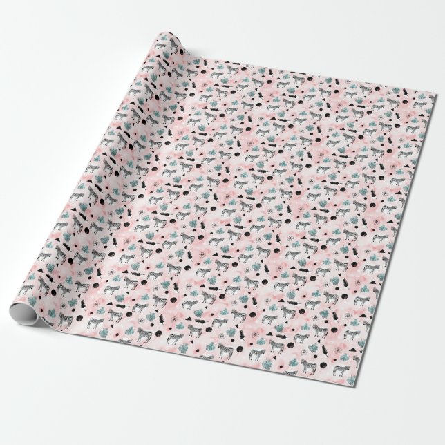 Tropical Leaves Zebras Tie-Dye Pattern Wrapping Paper (Unrolled)