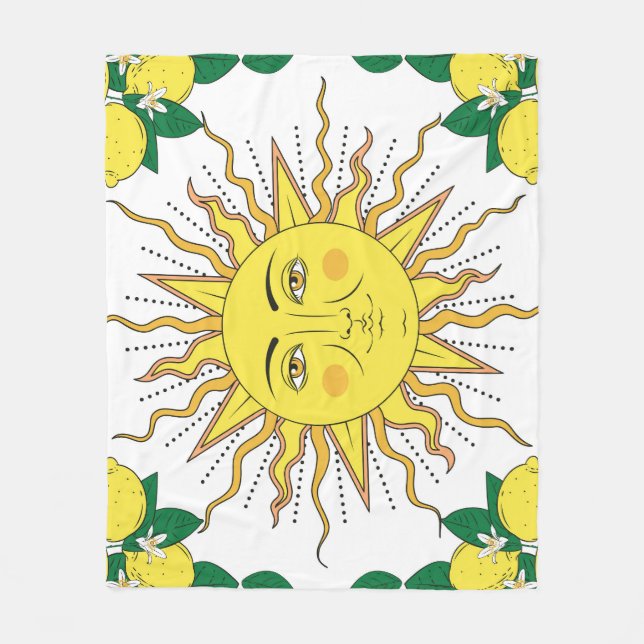 Tropical Lemon Fruits, Sun Face. Fleece Blanket (Front)