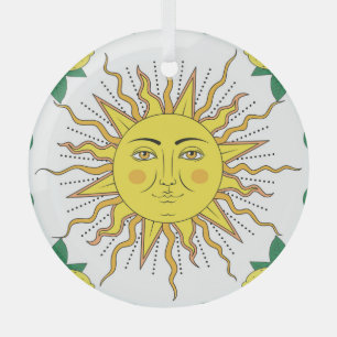 Tropical Lemon Fruits, Sun Face. Glass Ornament
