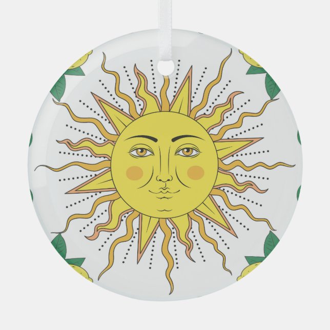 Tropical Lemon Fruits, Sun Face. Glass Ornament (Front)