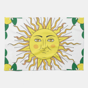 Tropical Lemon Fruits, Sun Face. Kitchen Towel