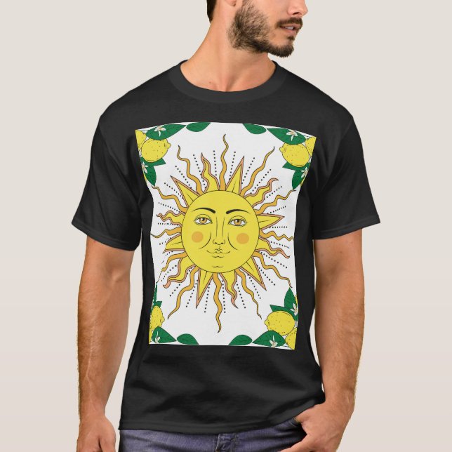 Tropical Lemon Fruits, Sun Face. T-Shirt (Front)
