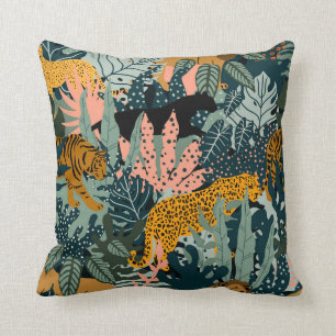 Tropical Leopard and Tiger Print Jungle Pattern Throw Pillow