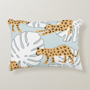 Tropical leopard animal and monstera palm leaves,e accent pillow