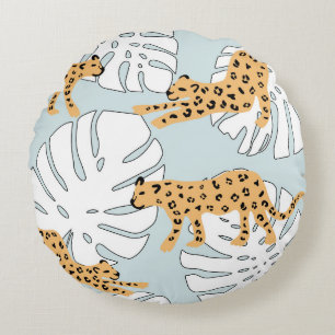 Tropical leopard animal and monstera palm leaves,e round pillow