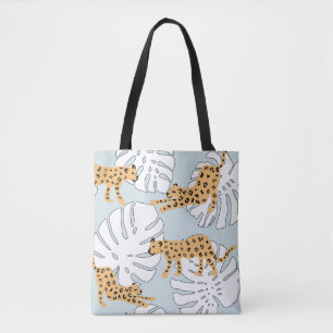 Tropical leopard animal and monstera palm leaves,e tote bag