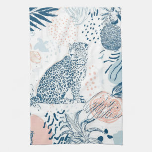 Tropical Leopard Blue Peach Abstract Kitchen Towel