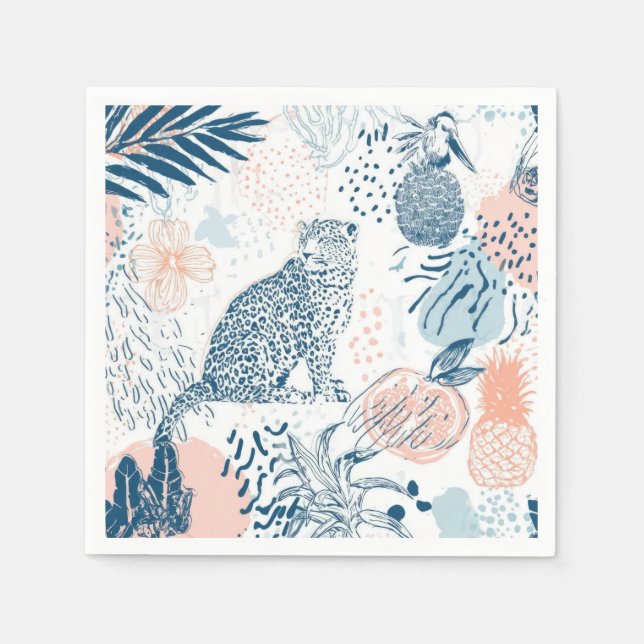 Tropical Leopard Blue Peach Abstract Napkin (Front)